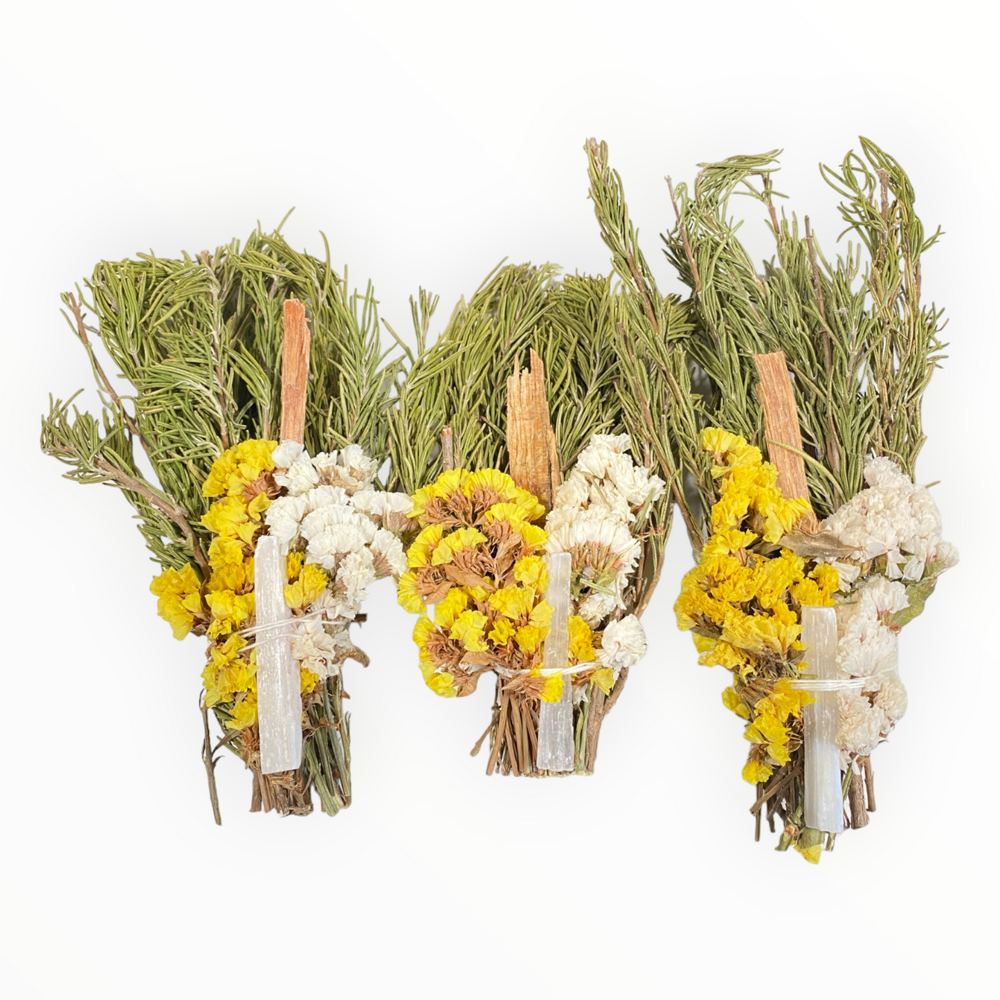 Herbal Harmony Smudge Stick - Rosemary, White Sinuata Flower, Yellow Sinuata Flower, Selenite Crystal - Cleansing and Energizing Bundle