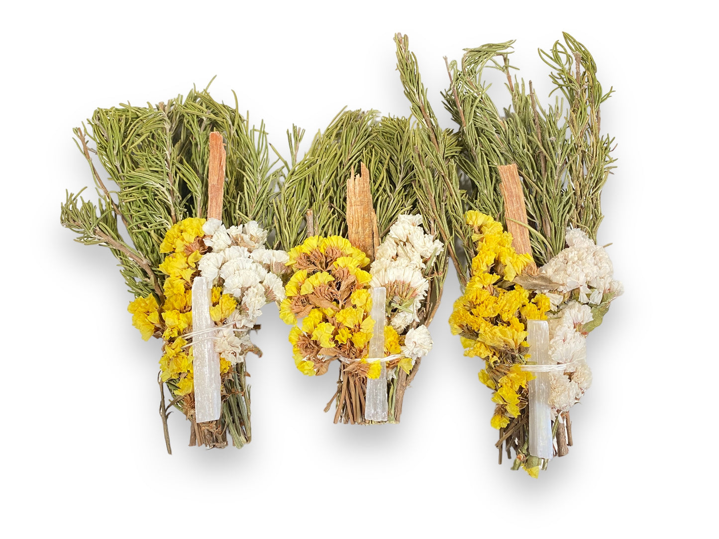 Herbal Harmony Smudge Stick - Rosemary, White Sinuata Flower, Yellow Sinuata Flower, Selenite Crystal - Cleansing and Energizing Bundle